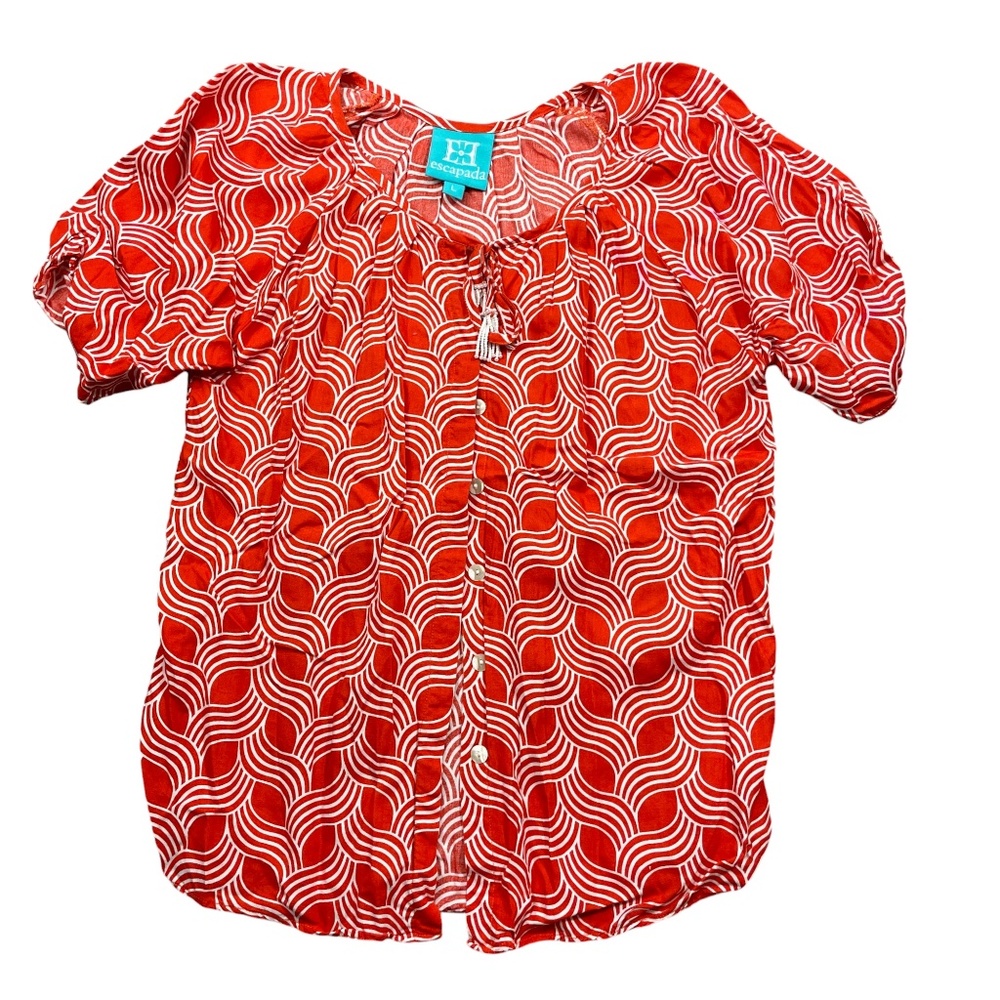 Escapada‎ Large Red White Button Down 100% Rayon Short Sleeve Ladies Blouse